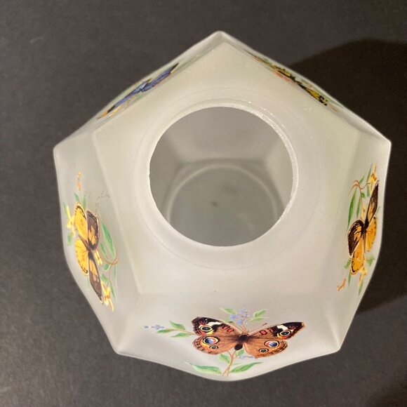 Vtg Westmoreland Satin Glass Fairy Lamp Monarch Butterflies Pentagon Frosted 2pc - Picture 6 of 10